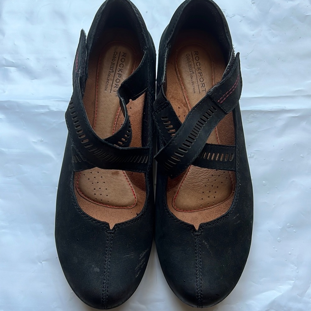 Rockport Janet Mary Jane Shoes Women 8.5 Black Nubuck Leather Wedge Comfy Shoes